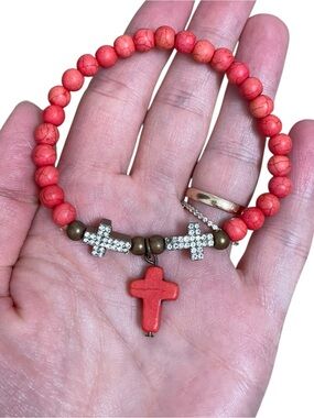 Red Beaded Cross Bracelet Stretch Religious Rhinestone Charm Boho